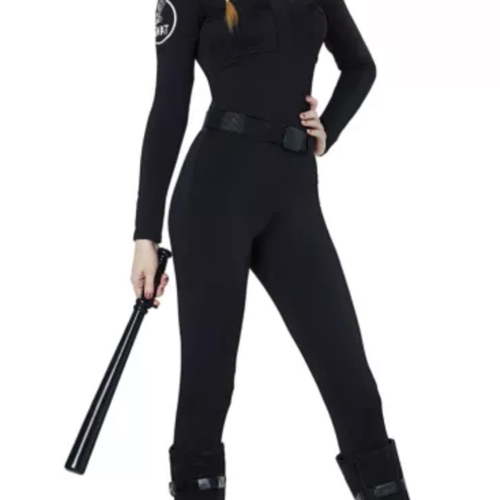 Halloween Black Women's swat Jumpsuit, hat, belt, like new